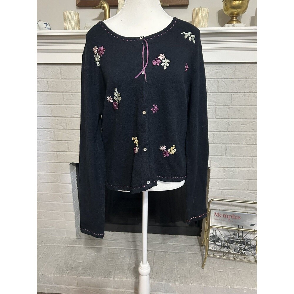April Cornell Vintage Cardigan Black Floral Embroidery Size Large Cottage